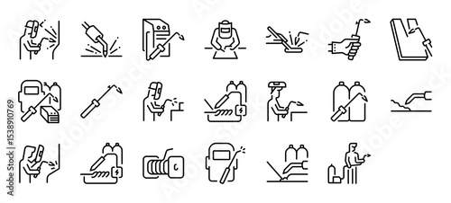 Set of Welding vector stroke icons. such as Arc, Repair, Electric Rod Stick Welder, Tool, Machine, Technique, Industry, Working illustration.