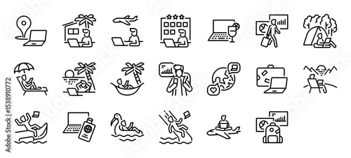 Set of Wrok from anywhere vector stroke icons. such as Remote, Work, Travel, Hotel, Laptop, Travel, Beach, Online, Packages, Pool illustration.