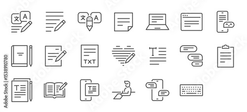 Set of Writing vector stroke icons. such as Text, Write, Note, Computer, Web, Mobile, Book, File, Paper illustration.