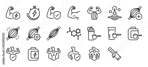 Set of Whey protein vector stroke icons. such as Strength , Time, Bodybuilder, Healthy, Muscle, Repair, Building, Drink, Product, Gym, Energy Bar illustration.