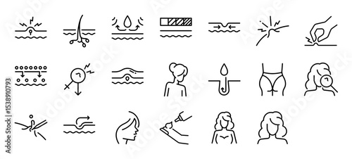 Set of Acne vector stroke icons. such as Skin, Glands, Facial, Gluta, Repair, Squeeze, Molecule, Dermatology, Back, Face, Cleaning, Treatment, Cream illustration.