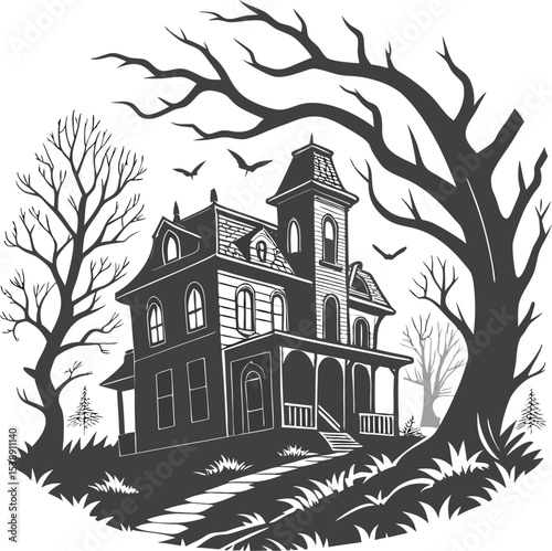 Spooky haunted house logo design creepy mansion illustration for halloween or horror branding