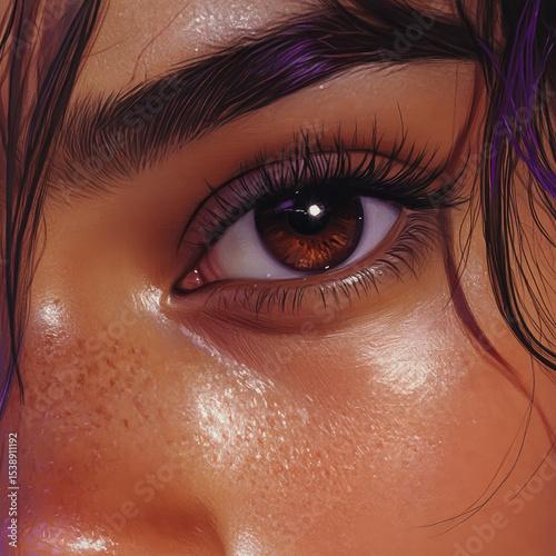 A beautiful woman's face in close-up. An illustration for facial skincare advertising. Suitable for printing on packaging, banners, and promotional materials, or as a creative print for T-shirts and f