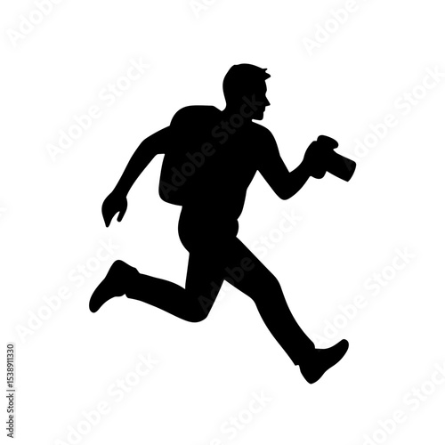 Silhouette of news photographer running with camera and backpack - Concept of Photographer's Day  