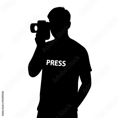 Silhouette of press photographer holding camera while reporting news  