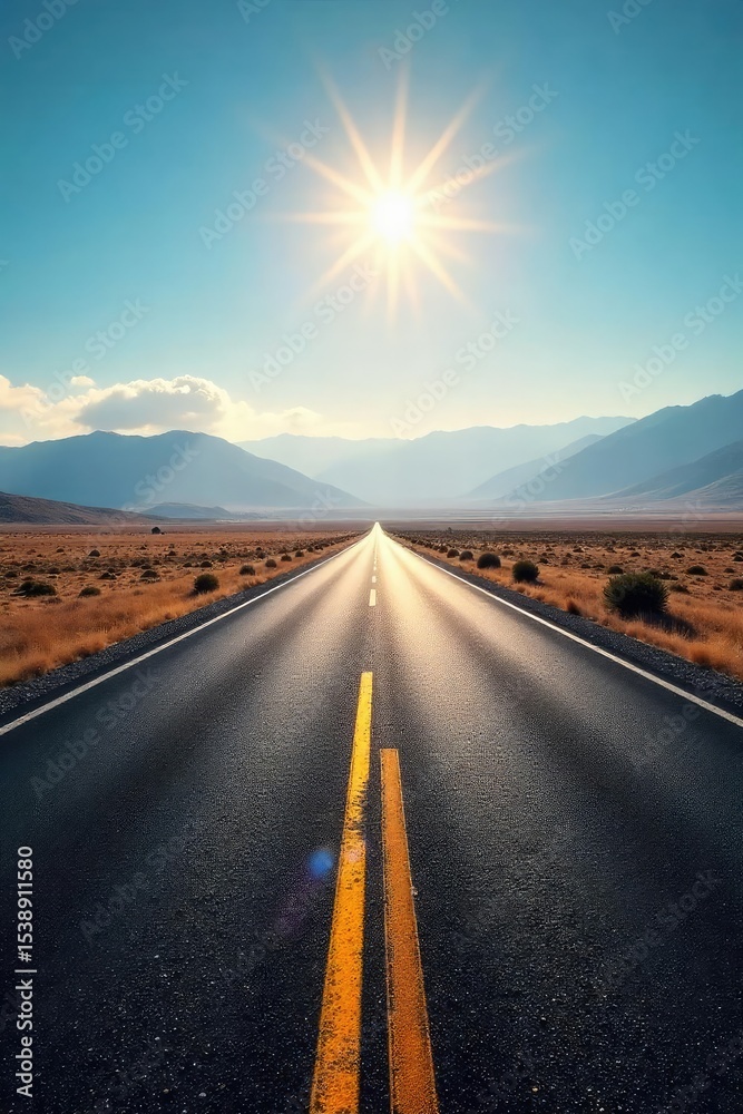 Fototapeta premium Endless asphalt ribbon vanishing into the hazy distance, sun-drenched horizon stretching towards unseen destinations Perfect for travel, adventure, freedom, and journey concepts , vast, heat haze