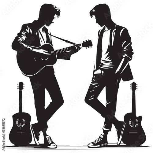 silhouette of a person playing guitar, editable vector image