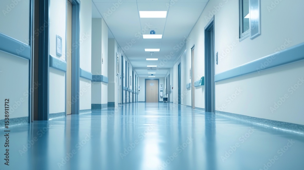 Obraz premium A long, empty hospital hallway with blue walls, white ceiling, and doors on both sides.