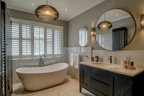 Luxurious bathroom with freestanding tub, dark vanity, large round mirror, white shutters, and stylish pendant lights