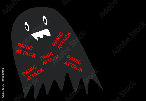 Conceptual illustration of a panic attack as a dark, ghost-like figure with the words 'Panic Attack' repeating. Represents fear, anxiety, and mental health struggles.