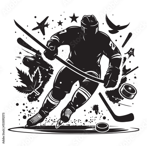 Ice hockey arena player shooting Competitive Team Intense Game. professional forward player