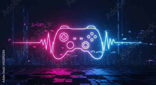 Vibrant Neon Game Controller Heartbeat Futuristic Cityscape