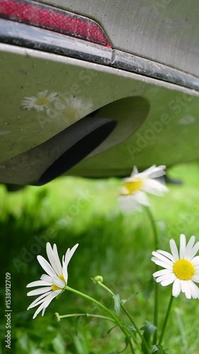 Car exhaust pipe blows emissions onto delicate daisies in green grass, highlighting environmental pollution and nature's vulnerability.