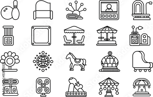 Amusement park line icon set including ride machines, game booths, and fun fair elements in editable outline vector 