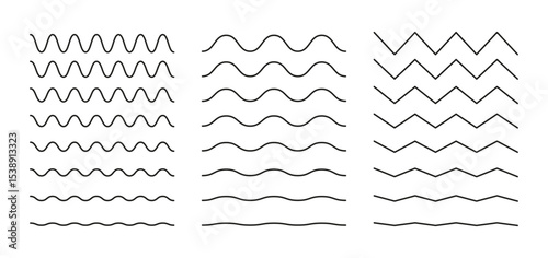 Vector wavy and zigzag horizontal underline. Waves line set. Set of wavy lines. Wave ornament pattern. Wave thin line background. 