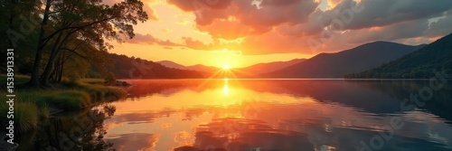 Serene lakeside scene at sunset, perfect for relaxation and unwinding Tranquil water reflects the golden hour light, creating a peaceful atmosphere ideal for leisure , tranquil, quiet