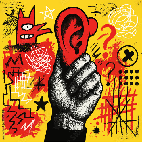 Ear in hand, listening concept with grunge design elements 