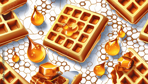 delicious waffles drizzled with honey and surrounded by honeycomb, inviting and sweet, copy space