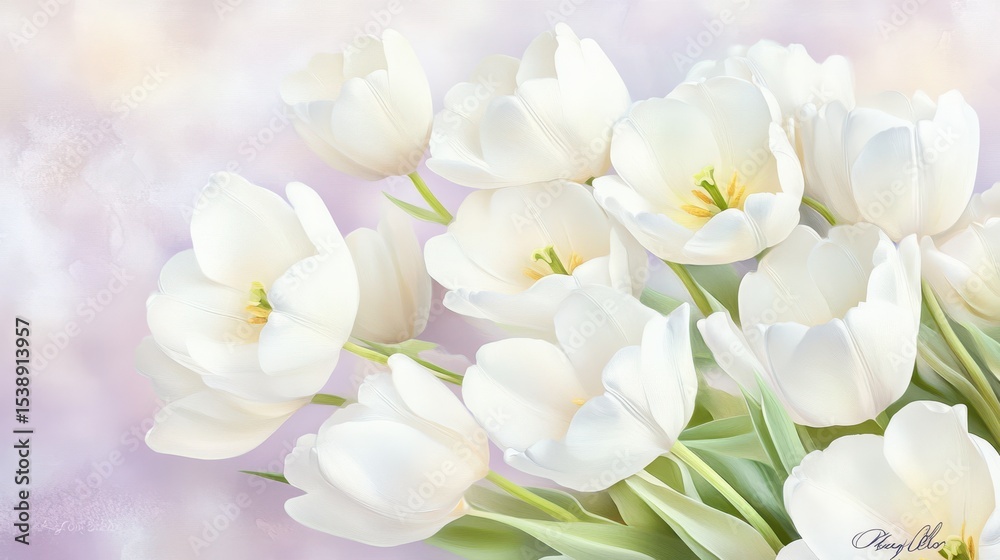 Obraz premium Elegant White Tulips: A bouquet of pristine white tulips bloom gracefully against a soft, pastel background, symbolizing purity, love, and new beginnings.