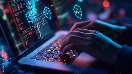 Typing Code on Laptop Keyboard at Night Futuristic Look