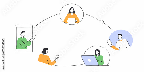Digital Customer Service Vector Art. Connected People with Robot Assistant for Omni-Channel Experience. Isolated Clipart.