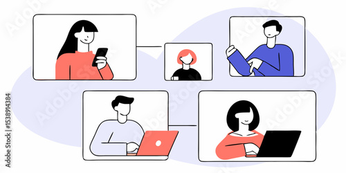 Virtual Meeting and Online Collaboration Vector. Remote Work, Video Conferencing, User Connection. Digital Download