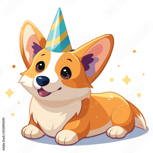 Adorable Pembroke Welsh Corgi Dog with Birthday Party Hat