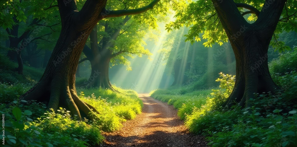 Naklejka premium Sun-dappled forest path winding through ancient trees, dappled sunlight filtering through leaves, creating a magical atmosphere Perfect for fantasy, nature, and fairytale themes , shadow, background