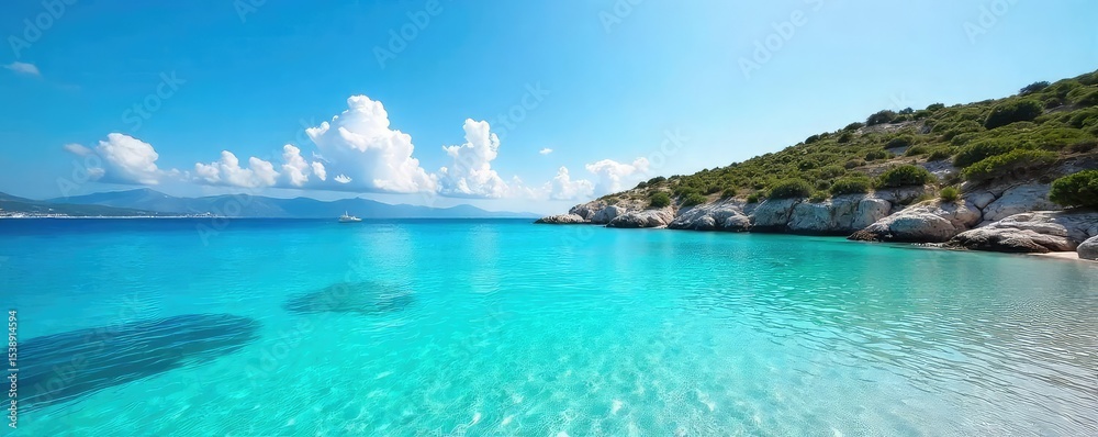 Fototapeta premium Sun-drenched azure waters of the Greek Isles, crystal clear, reflecting the bright sky Idyllic seascape perfect for travel brochures or summer backgrounds , blue water, beautiful