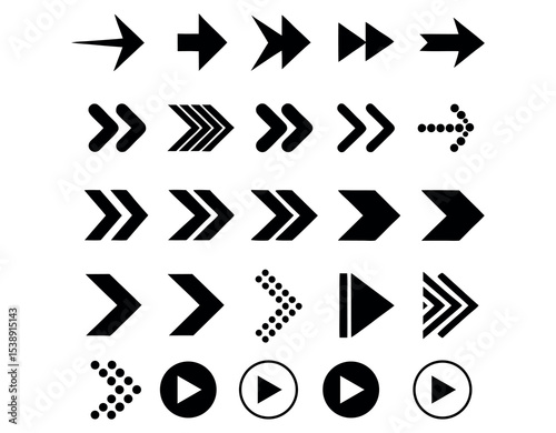 Arrows, Black Arrow Icons, Diverse Set of Black Arrow Icons for Design and UI, set featuring various arrow shapes and play icons, all in solid black, arrow, icon, UI, graphic design, vector, navigatio