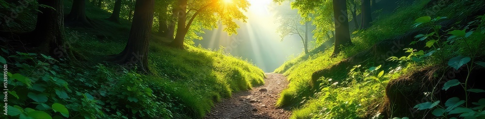Fototapeta premium A challenging uphill climb through a lush, green valley Sunlight filters through the trees, illuminating the path ahead Perfect for adventure, nature, and travel themes , hiking, outdoor
