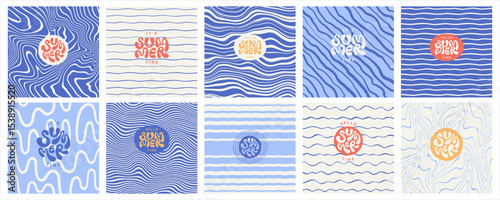 Sea ripples water waves marine summer backgrounds set. Uneven deformed hand drawn blue wavy organic doodle curved winding lines, stripes square patterns. Hello it's summer time hand lettering.