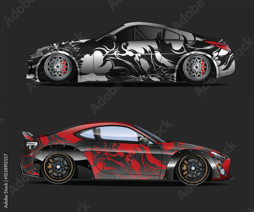 Two Custom Sports Cars with Abstract Flame Designs