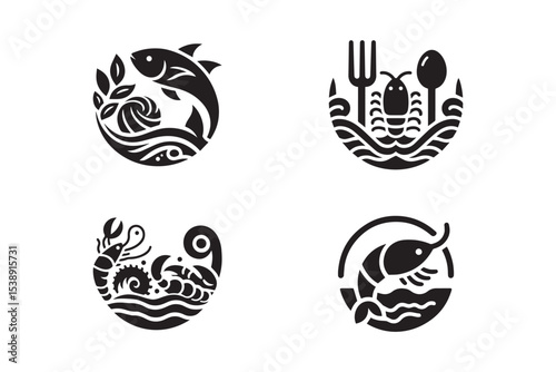 Set of seafood silhouette on white background.  Restaurant logo concept