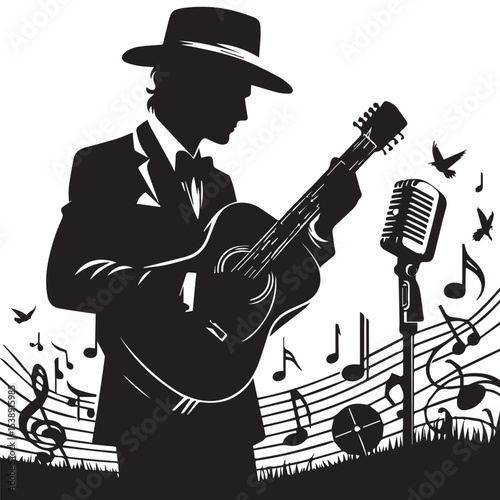 silhouette of a person playing guitar, editable vector image