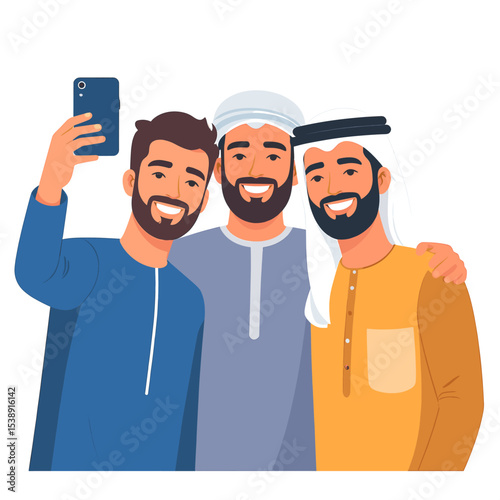 Three men in traditional clothes taking selfie
