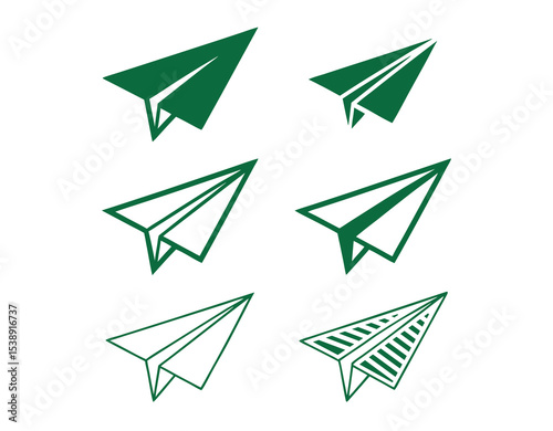 Set of Teal Paper Airplane Icons for Graphic Design, stylized paper airplane icons in teal, set of six simple, green paper airplane icons, isolated on a white background, paper airplane, icon, graphic