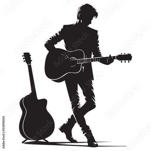 silhouette of a person playing guitar, editable vector image
