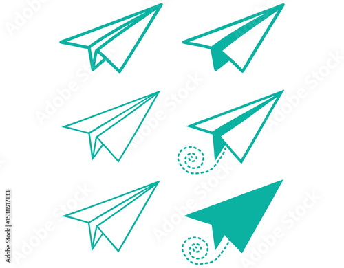 Set of Teal Paper Airplane Icons for Graphic Design, stylized paper airplane icons in teal, set of six simple, green paper airplane icons, isolated on a white background, paper airplane, icon, graphic