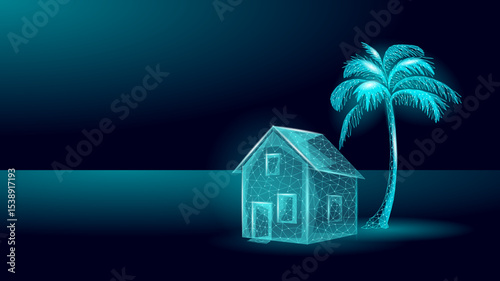 Low poly house palm tree design. Polygonal residence tropical plant low-poly style. Real estate travel holiday vacation rental. Teal blue gradient background vector