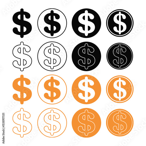 Modern vector icons of dollar signs in flat and line styles, useful for expressing financial operations, accounting services, economic analysis, mobile payments, and fintech dashboard visuals

