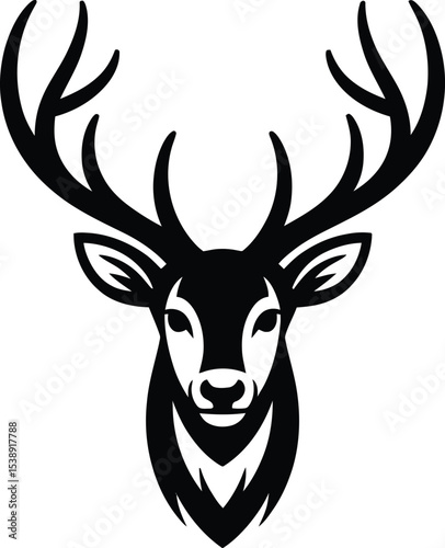 Black and white graphic illustration of a deer head with antlers