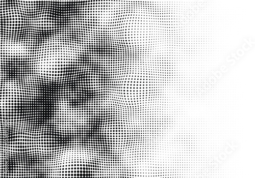 Vector halftone warped wave pattern with black dots. Abstract distortion texture with transition to white.