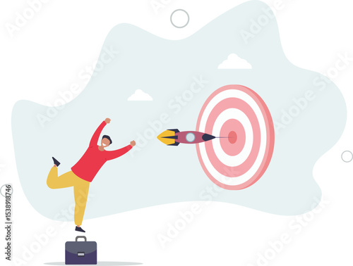 Startup success target, launch new product aim for win business achievement, marketing goal or target, project plan concept. character life .