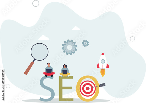 SEO service.Cartoon tiny people search marketing information, analyze algorithms and statistic data with magnifying glass . character life .