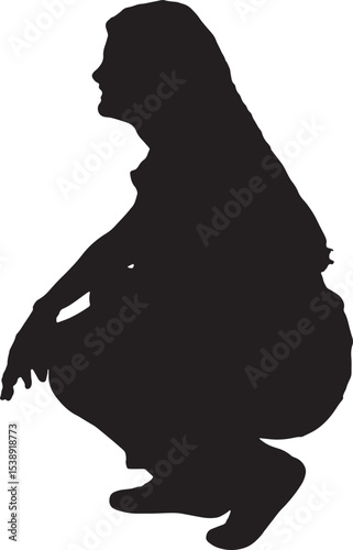 vector; silhouette of a side view of squatting yung woman