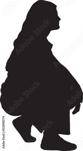 vector; silhouette of a side view of squatting yung woman