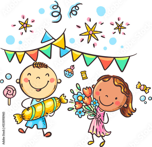Children party clipart. Happy kids celebrating birthday with gifts. Party things clipart set