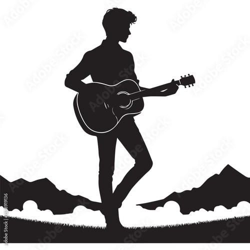 silhouette of a person playing guitar, editable vector image