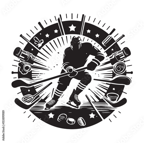 Ice hockey arena player shooting Competitive Team Intense Game. professional forward player